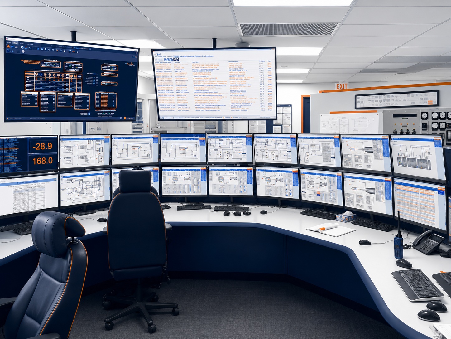 Power plant control room with SCADA displays